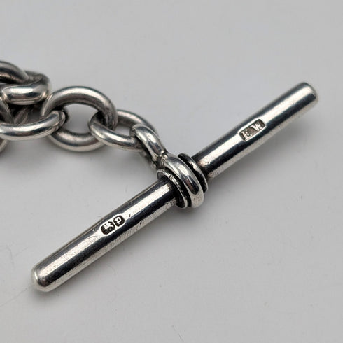 1889年 英国アンティーク ファンシーリンク 純銀製アルバートチェーン 45g モルフォ装飾フォブ