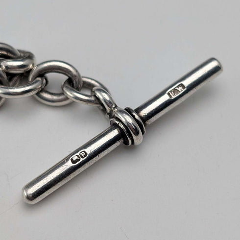 1889 British Antique Fancy Link Sterling Silver Albert Chain, 45g, Morpho Decorated Fob