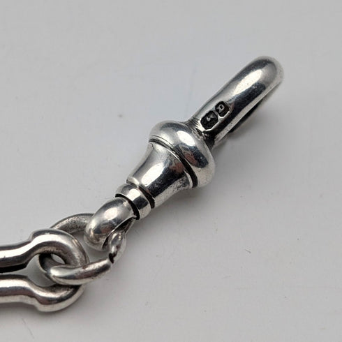 1889年 英国アンティーク ファンシーリンク 純銀製アルバートチェーン 45g モルフォ装飾フォブ