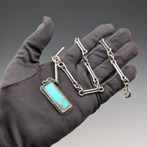 1889年 英国アンティーク ファンシーリンク 純銀製アルバートチェーン 45g モルフォ装飾フォブ