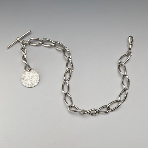 1911年 英国アンティーク 純銀製アルバートチェーン 59g 南アフリカ1シリング銀貨フォブ