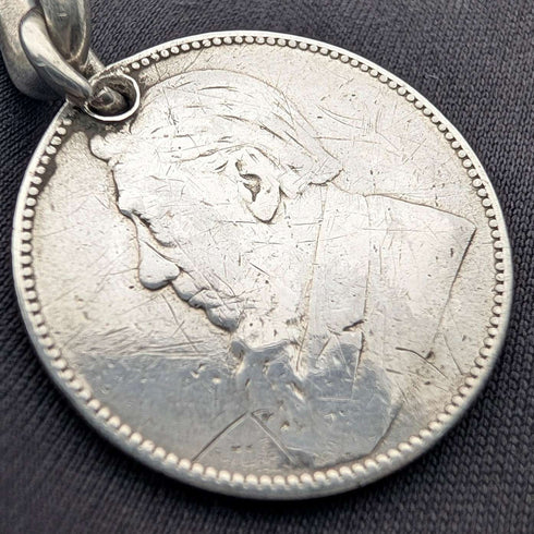 1911年 英国アンティーク 純銀製アルバートチェーン 59g 南アフリカ1シリング銀貨フォブ