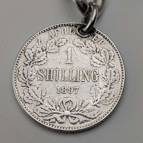 1911年 英国アンティーク 純銀製アルバートチェーン 59g 南アフリカ1シリング銀貨フォブ
