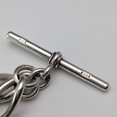 1911年 英国アンティーク 純銀製アルバートチェーン 59g 南アフリカ1シリング銀貨フォブ