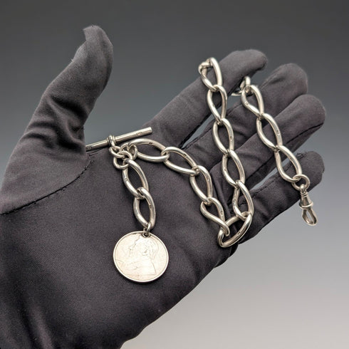 1911年 英国アンティーク 純銀製アルバートチェーン 59g 南アフリカ1シリング銀貨フォブ