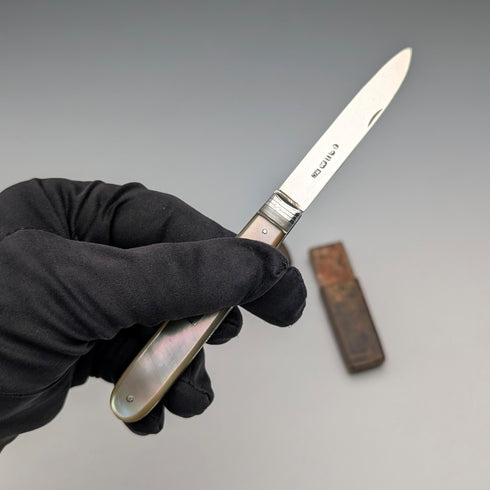 1833年 英国アンティーク 白蝶貝ハンドル 純銀ブレード ペンナイフ Nathaniel Creswick ケース入り