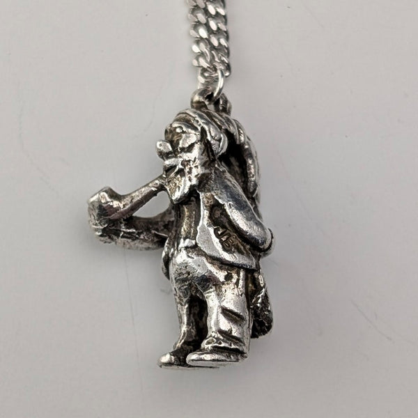 Vintage British Pipe Smoking Old Man Sterling Silver Pendant with Sterling Silver Necklace, 7.6g Total