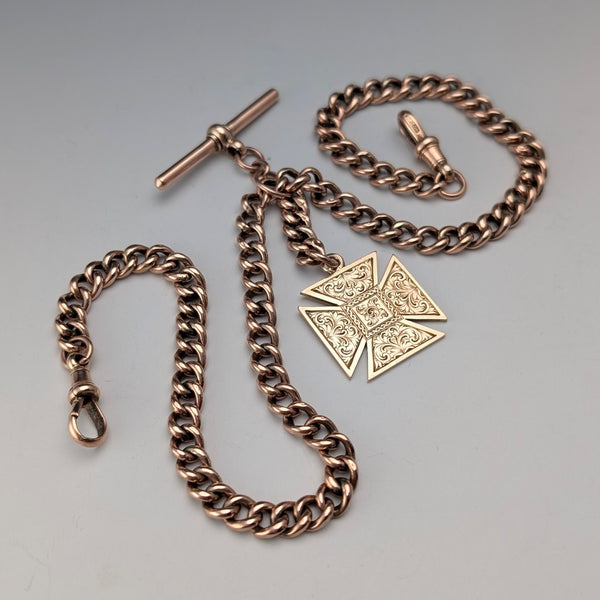 英国アンティーク 9ctローズゴールド ダブルアルバートチェーン 9ctゴールドメダルフォブ 計22.4g