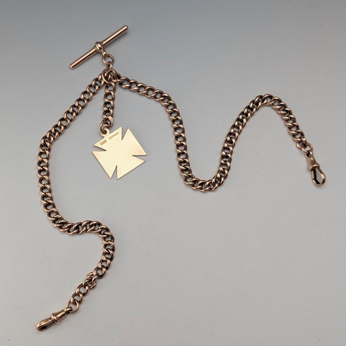 英国アンティーク 9ctローズゴールド ダブルアルバートチェーン 9ctゴールドメダルフォブ 計22.4g