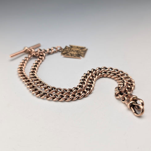 英国アンティーク 9ctローズゴールド ダブルアルバートチェーン 9ctゴールドメダルフォブ 計22.4g