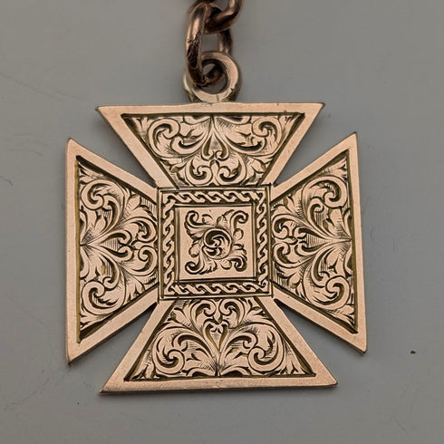 英国アンティーク 9ctローズゴールド ダブルアルバートチェーン 9ctゴールドメダルフォブ 計22.4g