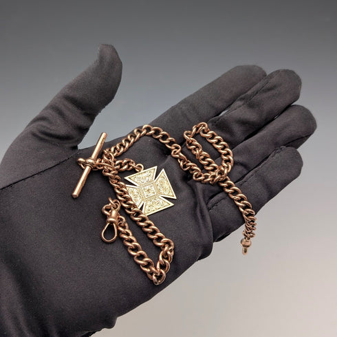 英国アンティーク 9ctローズゴールド ダブルアルバートチェーン 9ctゴールドメダルフォブ 計22.4g