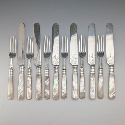 英国アンティーク 白蝶貝ハンドル デザートカトラリー 6ペア 木箱入り JOHN ROUND&SON