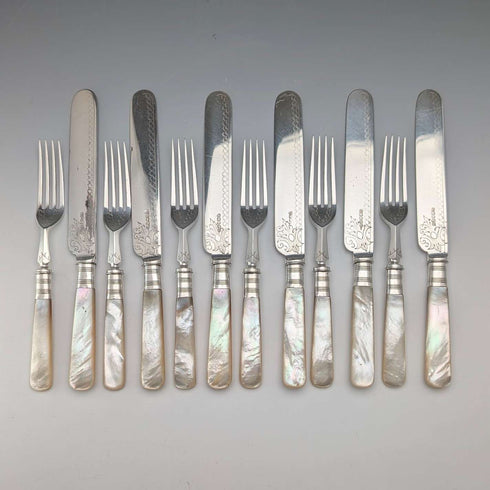 Antique British Mother-of-Pearl Dessert Cutlery, 6 Pairs, Wooden Box, by JOHN ROUND & SON