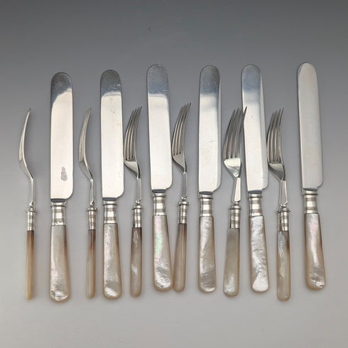 英国アンティーク 白蝶貝ハンドル デザートカトラリー 6ペア 木箱入り JOHN ROUND&SON