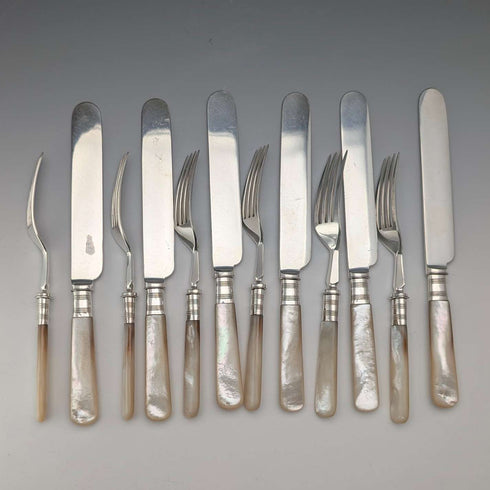 Antique British Mother-of-Pearl Dessert Cutlery, 6 Pairs, Wooden Box, by JOHN ROUND & SON