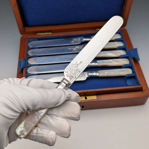 Antique British Mother-of-Pearl Dessert Cutlery, 6 Pairs, Wooden Box, by JOHN ROUND & SON