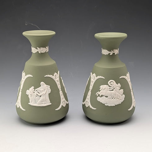 A pair of vintage Wedgwood green jasperware vases.