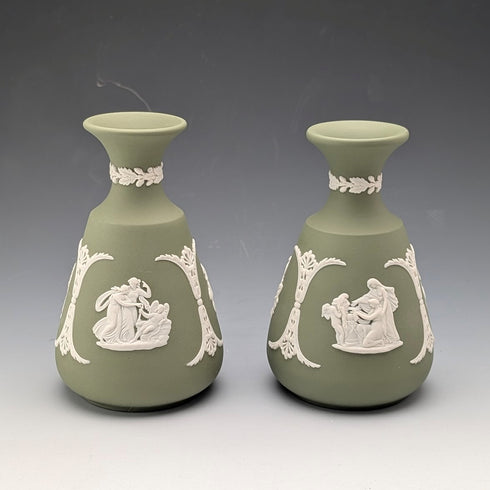 A pair of vintage Wedgwood green jasperware vases.