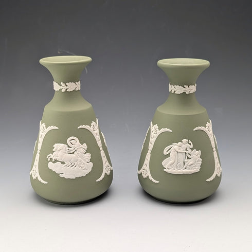 A pair of vintage Wedgwood green jasperware vases.