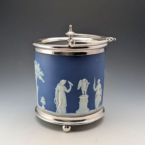 英国アンティーク ウェッジウッド ビスケットバレル ジャスパーウェア ロイヤルブルー