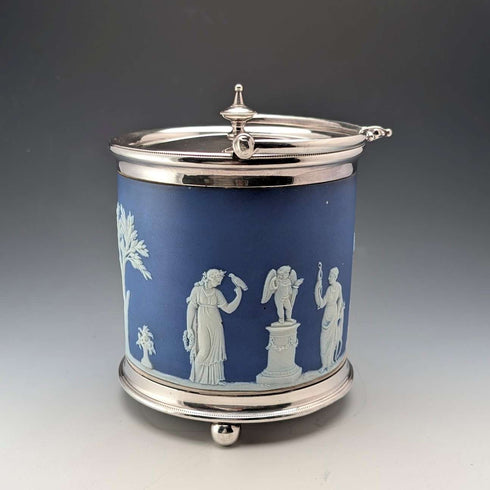 Antique British Wedgwood Biscuit Barrel Jasperware Royal Blue