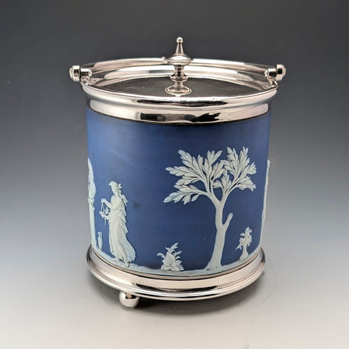 英国アンティーク ウェッジウッド ビスケットバレル ジャスパーウェア ロイヤルブルー