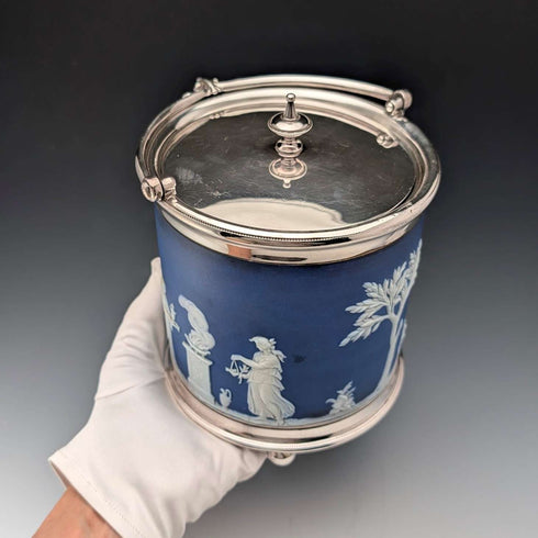 Antique British Wedgwood Biscuit Barrel Jasperware Royal Blue