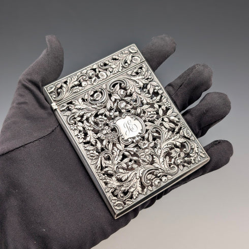 1837年 英国アンティーク 純銀製 透かしフローラル装飾 カードケース 80g Nathaniel Mills