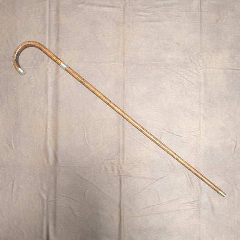 Circa 1928 British Vintage Brown Shaft, Curved Handle, Sterling Silver Ornamented Walking Stick, 85cm