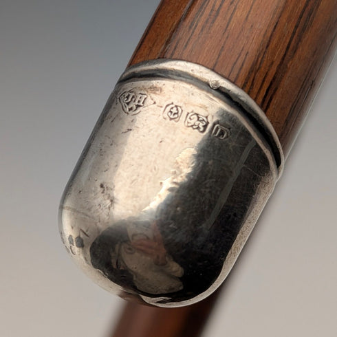 Circa 1928 British Vintage Brown Shaft, Curved Handle, Sterling Silver Ornamented Walking Stick, 85cm