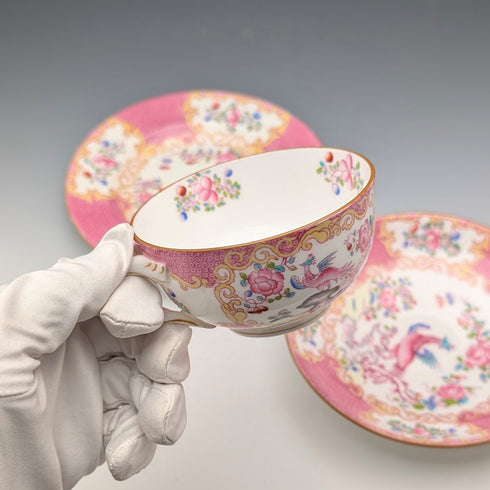 1920s British Minton Teacup Trio Pink Cockatrice, Custom Order for Meyer Emporium ②