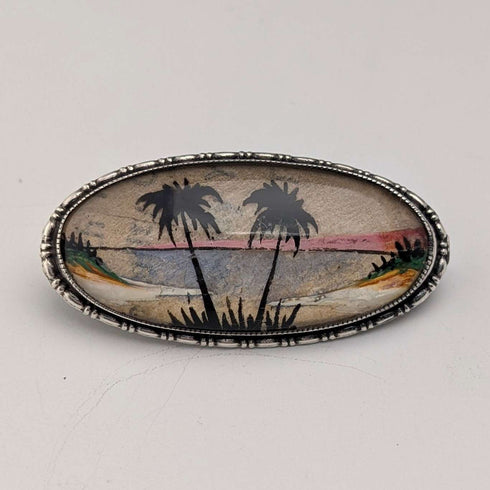 Antique British Butterfly Wing Tropical Landscape Pure Silver Brooch TLM