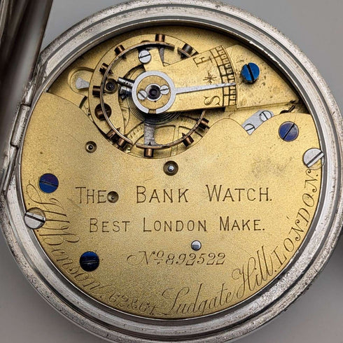1899 British antique JW Benson BANK pocket watch, sterling silver open face, in good working order