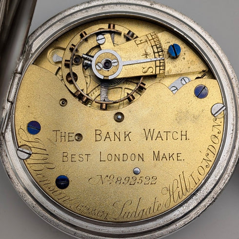 1899年 英国アンティーク J.W.Benson BANK 懐中時計 純銀オープンフェース 動作良好