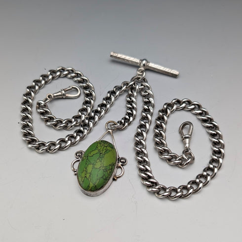 英国アンティーク 純銀製 ダブルアルバートチェーン 67g グリーンターコイズフォブ