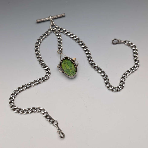 Antique British Sterling Silver Double Albert Chain, 67g, Green Turquoise Fob