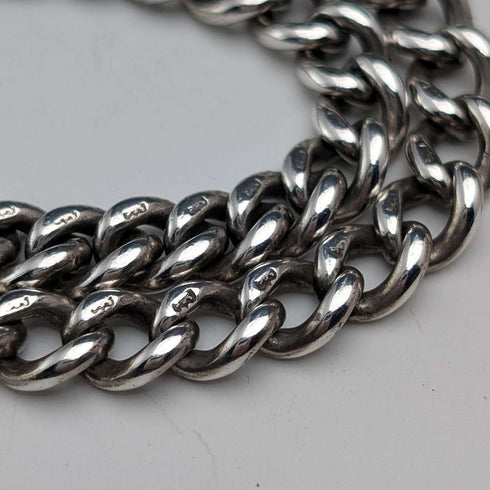 Antique British Sterling Silver Double Albert Chain, 67g, Green Turquoise Fob