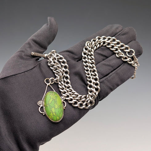 英国アンティーク 純銀製 ダブルアルバートチェーン 67g グリーンターコイズフォブ