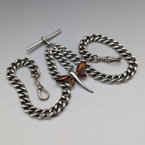 Antique British Sterling Silver Double Albert Chain, 59g, Sterling Silver & Amber Dragonfly Fob