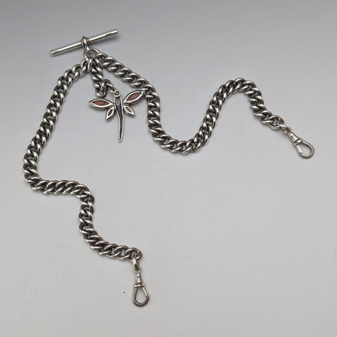 Antique British Sterling Silver Double Albert Chain, 59g, Sterling Silver & Amber Dragonfly Fob