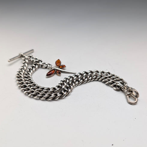 Antique British Sterling Silver Double Albert Chain, 59g, Sterling Silver & Amber Dragonfly Fob