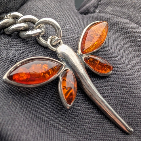 Antique British Sterling Silver Double Albert Chain, 59g, Sterling Silver & Amber Dragonfly Fob