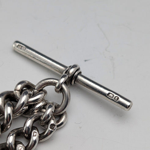 Antique British Sterling Silver Double Albert Chain, 59g, Sterling Silver & Amber Dragonfly Fob