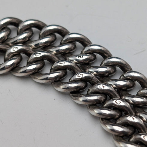 Antique British Sterling Silver Double Albert Chain, 59g, Sterling Silver & Amber Dragonfly Fob