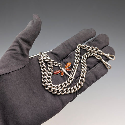 Antique British Sterling Silver Double Albert Chain, 59g, Sterling Silver & Amber Dragonfly Fob