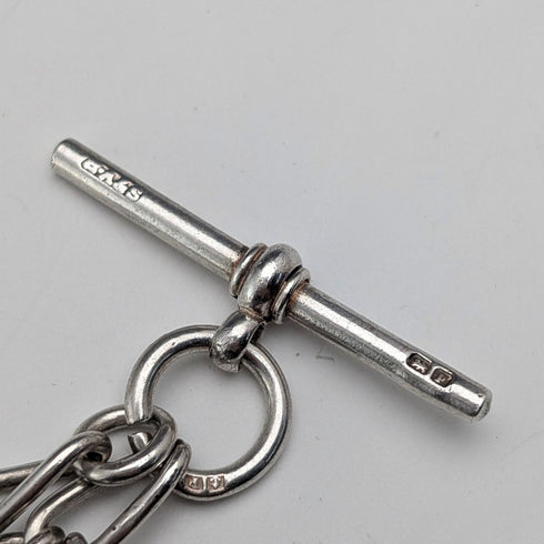 British Vintage Sterling Silver Fancy Link Double Albert Chain, 35g, Sterling Silver Medal Fob