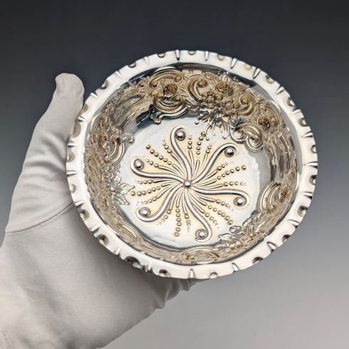 1890 British antique sterling silver pedestal bowl, 13cm diameter, by Charles Edwards