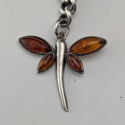 Antique British Sterling Silver Double Albert Chain, 59g, Sterling Silver & Amber Dragonfly Fob