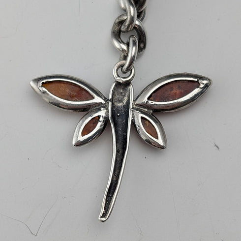 Antique British Sterling Silver Double Albert Chain, 59g, Sterling Silver & Amber Dragonfly Fob